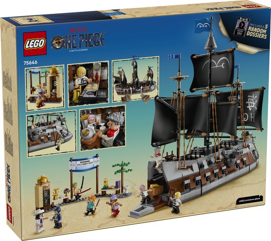 Achterkant LEGO Garp's Marine Battleship, toont verschillende scènes en minifiguren.