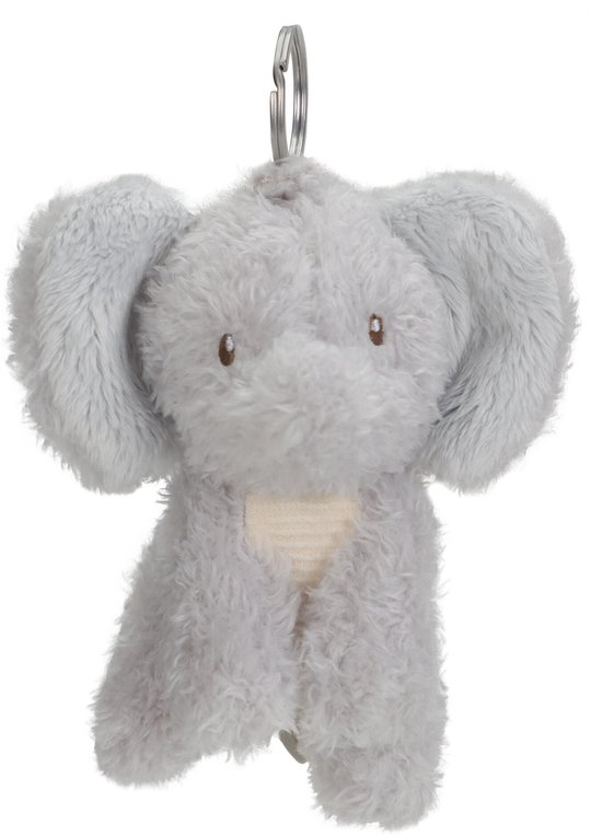 Porte-clés éléphant en peluche grise, assis avec de grandes oreilles.