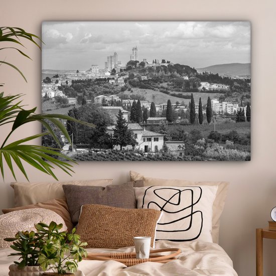 Peinture sur toile 150x100 cm - Décoration murale Les collines de San Gimignano en Toscane - noir et blanc - Décoration murale salon - Décoration chambre - Accessoires chambre - Peintures