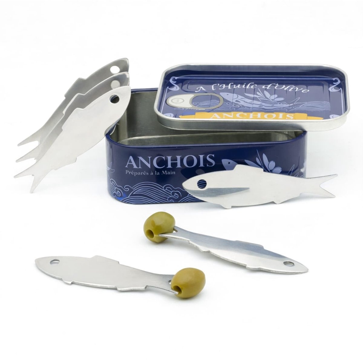Dailygoods - Ansjovis Snackvorkset in Blik - Set van 6 Roestvrijstalen Vorken