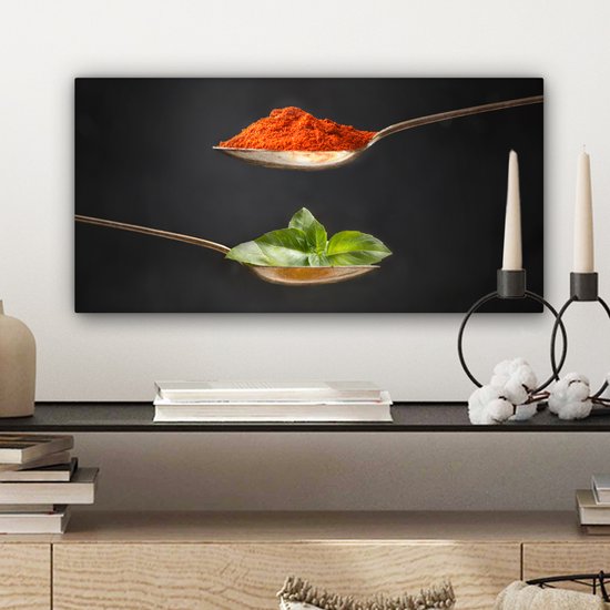 Canvas schilderij 40x20 cm - Wanddecoratie Kruiden - Lepel - Specerijen - Zwart - Italiaans - Muurdecoratie accessoires - Keuken decoratie muur - Schilderijen op canvas