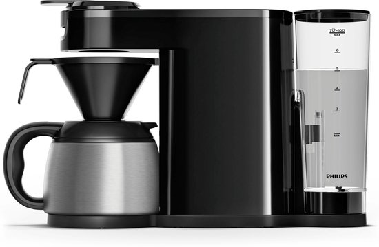 Zwarte Senseo koffiezetapparaat met filterkann. Naast een transparante waterreservoir.