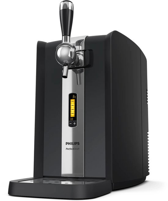 Zwarte Philips PerfectDraft thuistap met open klep, waar een Leffe fust in zit.