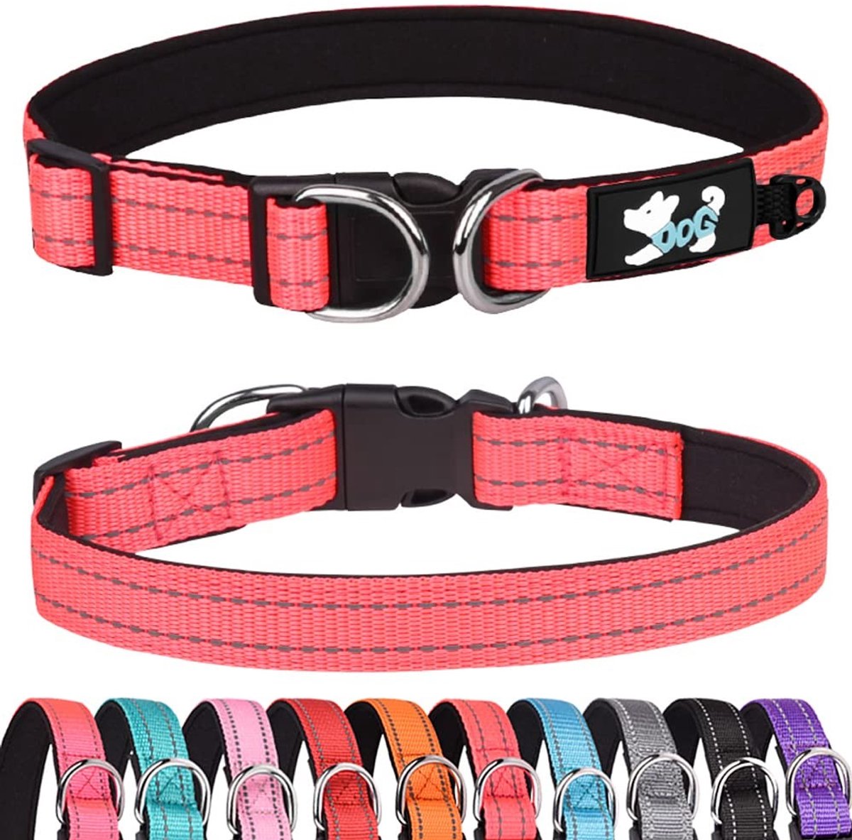 Dailygoods - Cosensi - Dailygoody - Gewatteerde halsband - Verstelbare hondenhalsband - Comfortabel neopreen - Warmroze - Reflecterend - Geschikt voor kleine middelgrote gro...