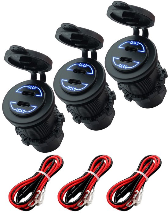 ProRide 12V USB-C Wandcontactdoos Inbouw - 30W - 2 Poorten - QC4.0 - Blauw - Kabel en Zekering - Auto Boot en Camper - 3 stuks