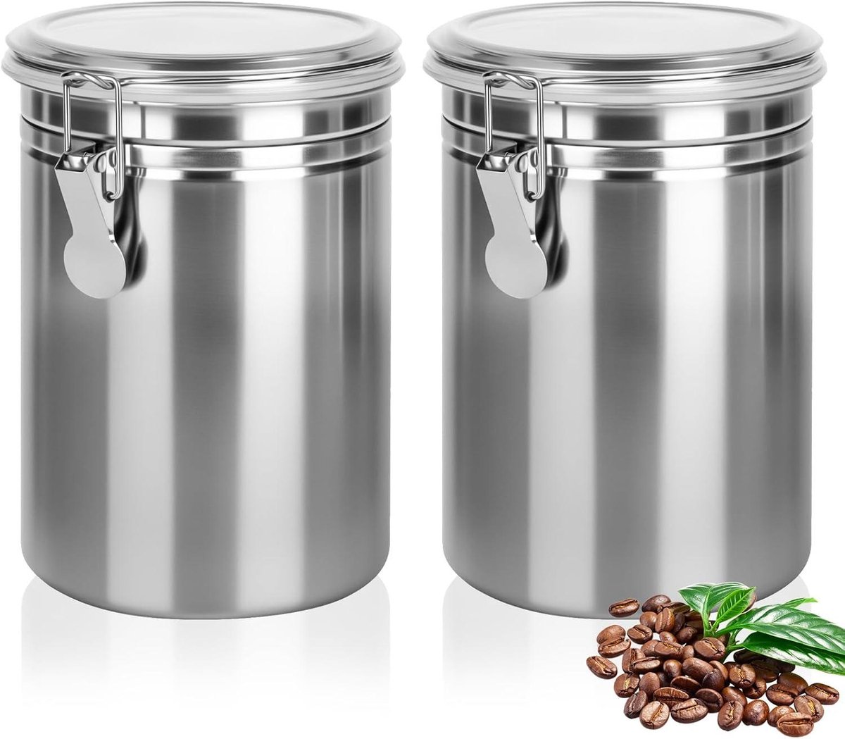 Luchtdichte Pot - Koffieopslag - Roestvrij Staal Constructie En BPA-Vrije Sluiting Voor Optimale Frisheid - 2 Stuks - Thuis En Kantoor Gebruik Zilver