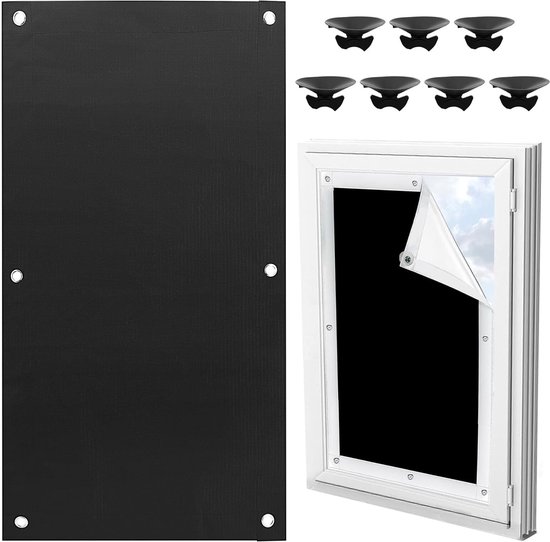 Panneau d'ombrage noir avec ventouses et une fenêtre avant découpée partiellement recouverte du matériau noir.