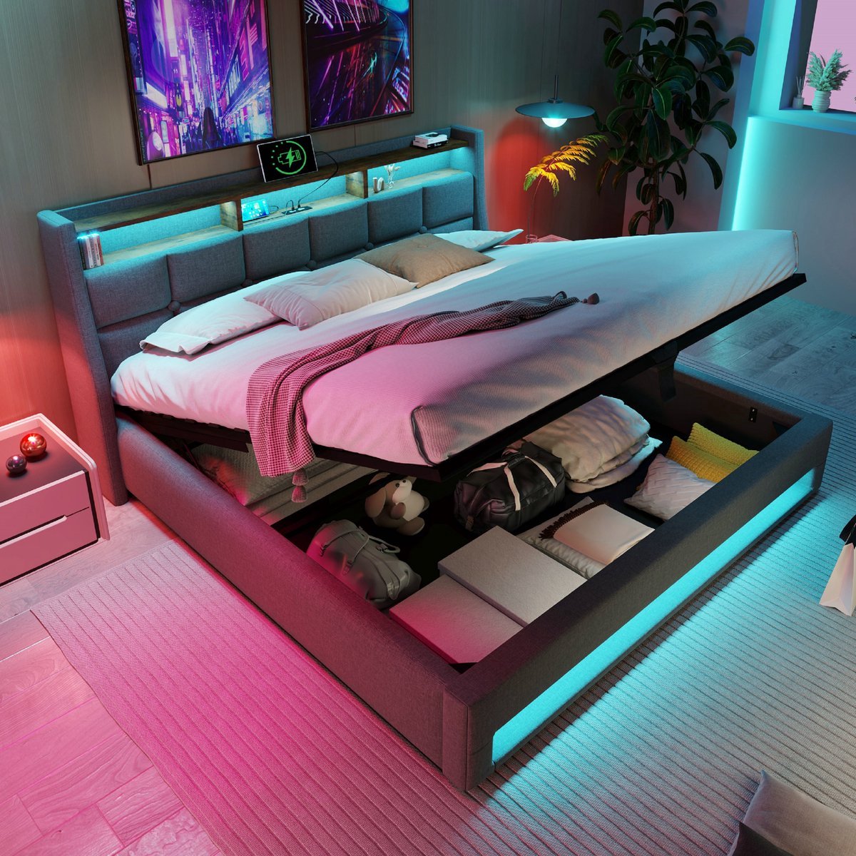 VVBV Tweepersoonsbed 140x200 / Gestoffeerd bed – Tienerbed – Linnen – Grijs – Tienerbed 140x200 – Zonder Matras – met LED-Verlichting, USB, Lattenbodem