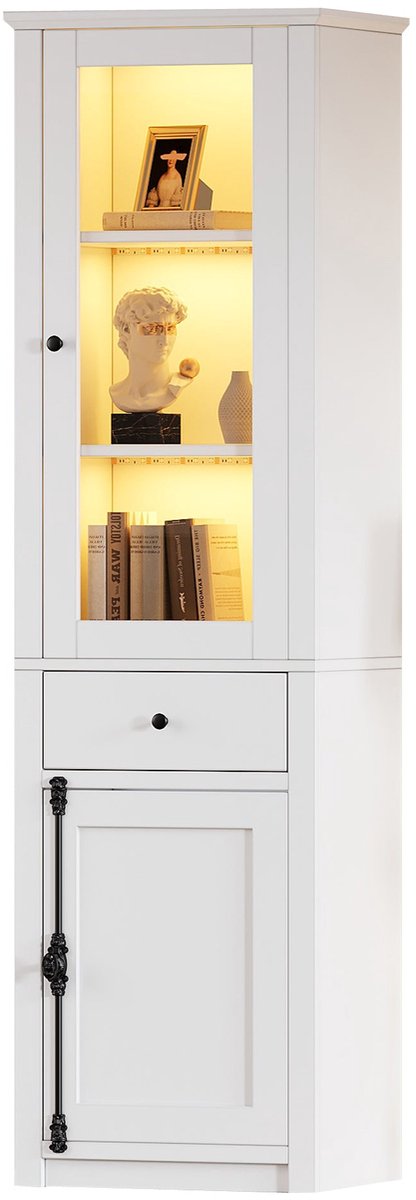 Merax Vitrinekast met LED - Hoge Opbergkast met Glazen Deur en Lade - Displaykast Boekenkast Woonkamer - Wit 55x40x200 cm