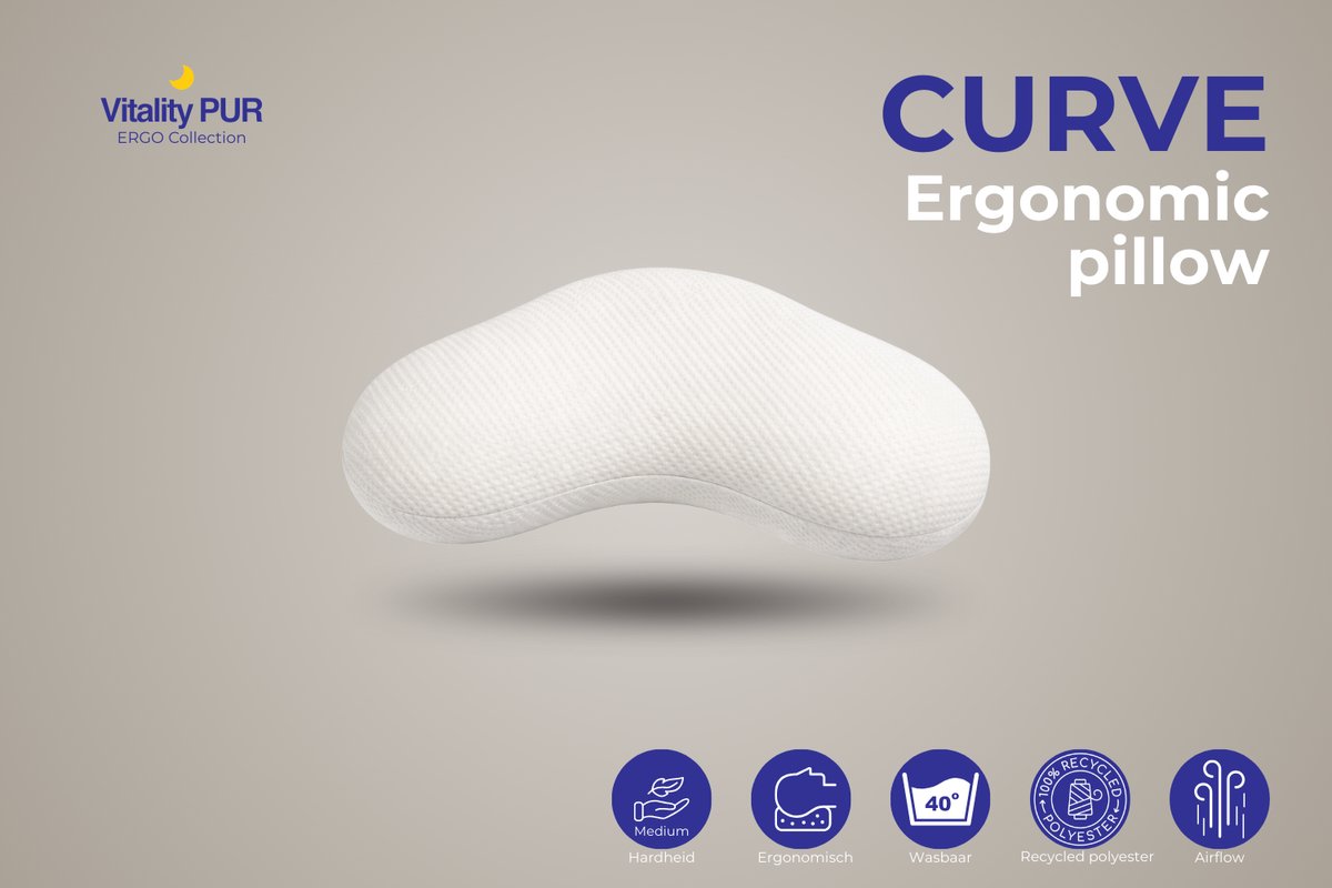Vitality Pur Curve Pillow – Ergonomisch Memory Foam Hoofdkussen – Curve Design voor Optimale Nekondersteuning – Ademend & Wasbare Hoes – Voor Zij- en Rugslapers - 40x60cm Wit