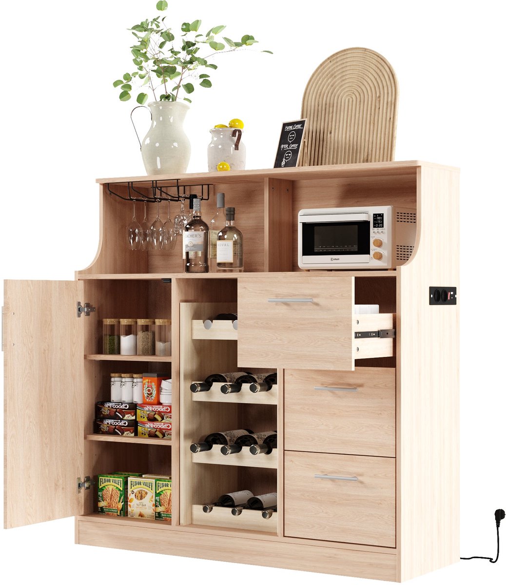 Merax Bar Kast met LED & Stopcontact - Keukenkast met Wijnrek en Glazenhouder - Dressoir met Lades en Opbergruimte - 120x40x121 cm