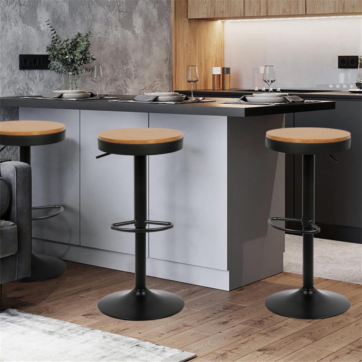 Barkruk Set - Krukstoel Barstoel - Aan Hoge Tafel - In Hoogte Verstelbaar - Set van 2 - Zwart