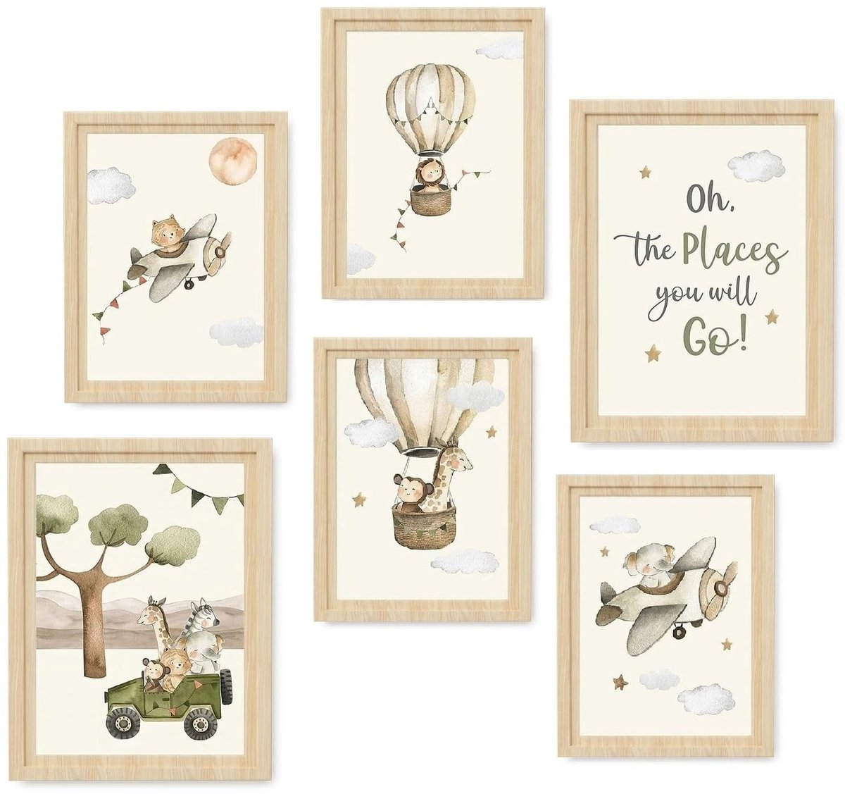 Allecto - Set van 6 posters - Wanddecoratie babykamer - Decoratieve afbeeldingen - 25 x 20 cm - Bosdieren thema - Geschikt voor jongens en meisjes