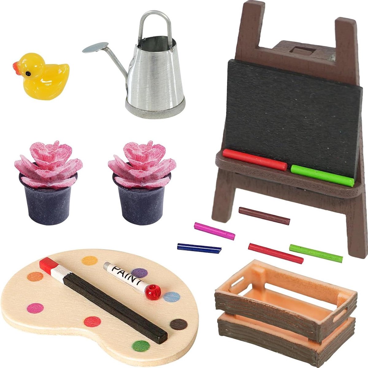 Kabouter Schilderaccessoires - Miniatuur Kunst Set - Poppenhuis Decoratie - Houten Palet en Ezel