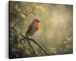 Artaza Canvas Schilderij Roodborstje - Takken En Bladeren - Natuur - 120x80 cm - Groot - Wanddecoratie Woonkamer - Schilderijen - Muurdecoratie
