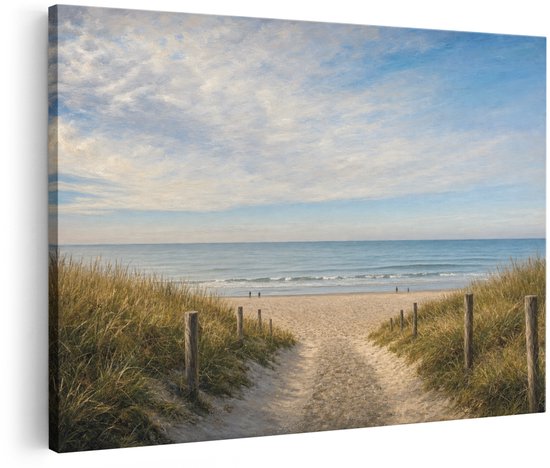Une peinture sur toile d'un sentier sablonneux à travers les dunes menant à une plage et à la mer.