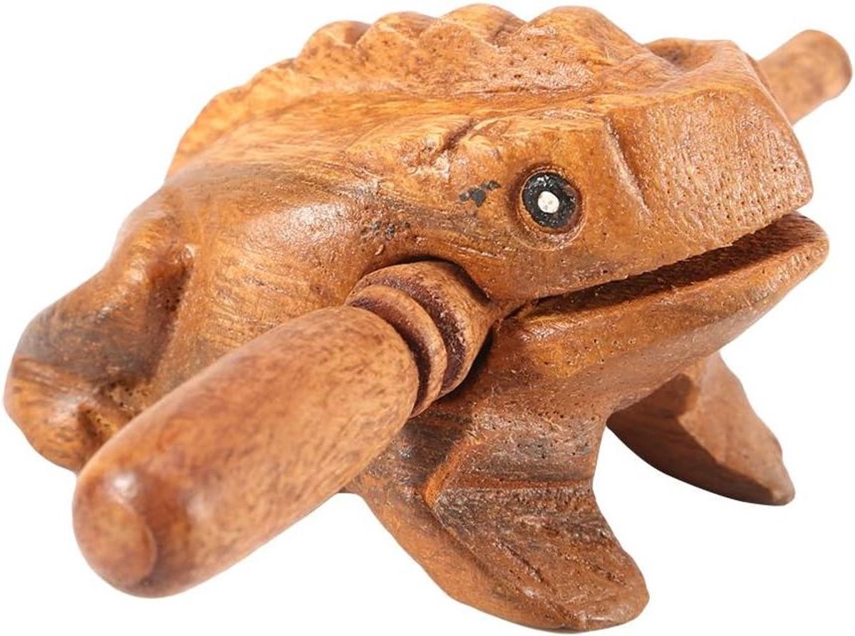 Houten Kikker Muziekinstrument - Kwakende Kikker Ornament - Decoratie Geluk - Handgemaakt Massief Hout - 10.6CM - Houtkleur