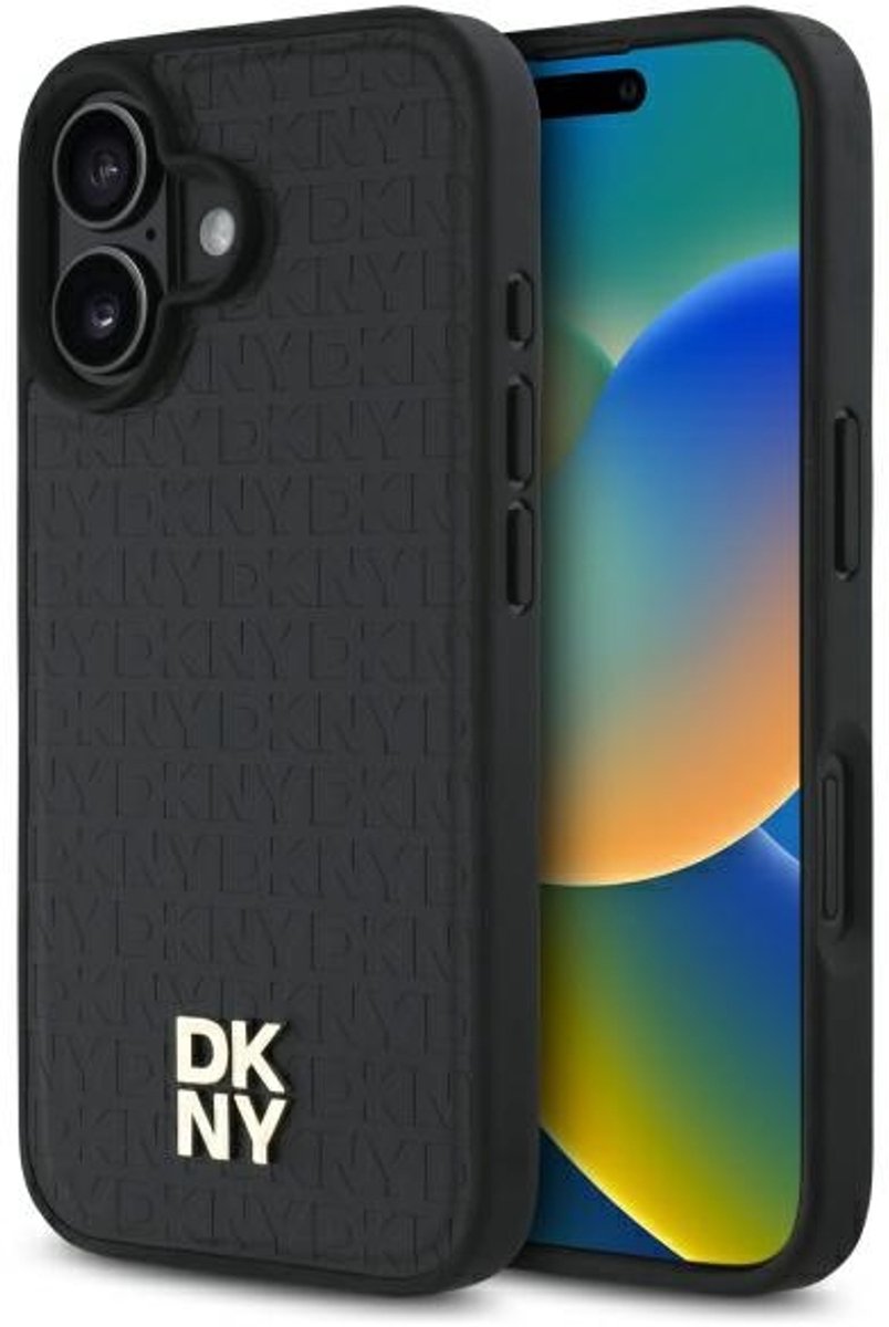 DKNY – Backcover iPhone 16 – PU Leather Repeat Pattern Stack Logo – MagSafe – Zwart