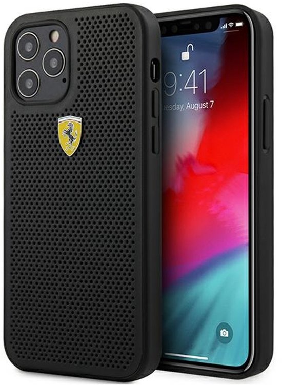Zwart Ferrari telefoonhoesje met geperforeerd patroon en geel-zwart Ferrari logo.