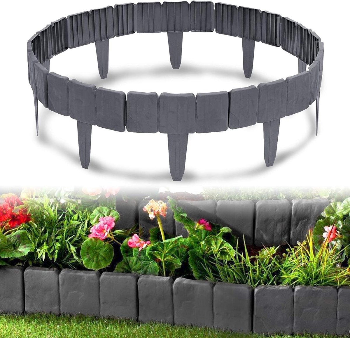 Tuinranden Steenlook - Perkrandsysteem borders - Tuinranden Afscheiden - Eenvoudig te Plaatsen - 25 x 23 cm - Antraciet
