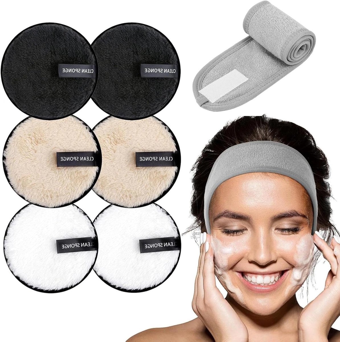 Zachte herbruikbare make-up remover pads met spa gezichtshanddoek en hoofdbanden, microvezel katoen voor effectieve gezichtsreiniging en huidverzorging