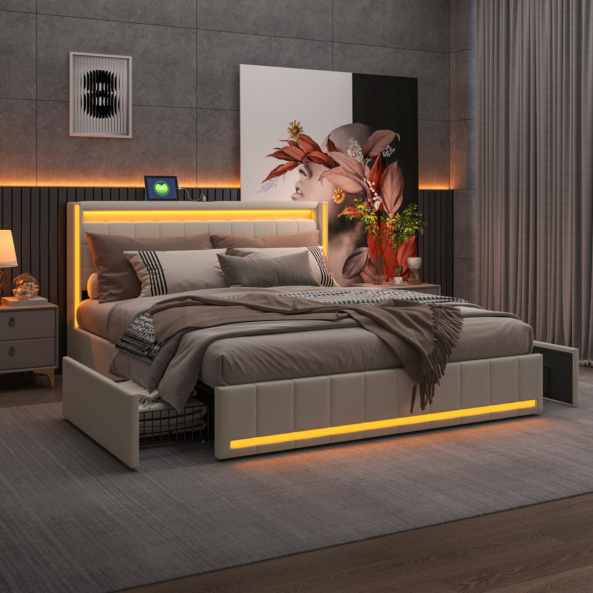 ROSAHQNDA Tweepersoonsbed - 140x200cm - met 4 lades - Gestoffeerd bed met USB- en LED-aansluitingen - Tienerbed met opbergruimte - Beige - Matras niet inbegrepen