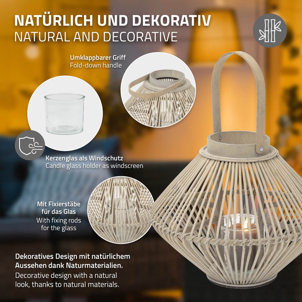 ECD Germany Bamboe lantaarn, decoratieve houten windlicht serie, grote kaarsenhouder van 44 cm hoog, luxe houtlook met glas en handvat, sfeervolle boho tuinlantaarn gevlochten stijl, moderne decoratie voor binnen buiten balkon terras en woonkamer — cadeau in Wonen & Interieur - foto 4