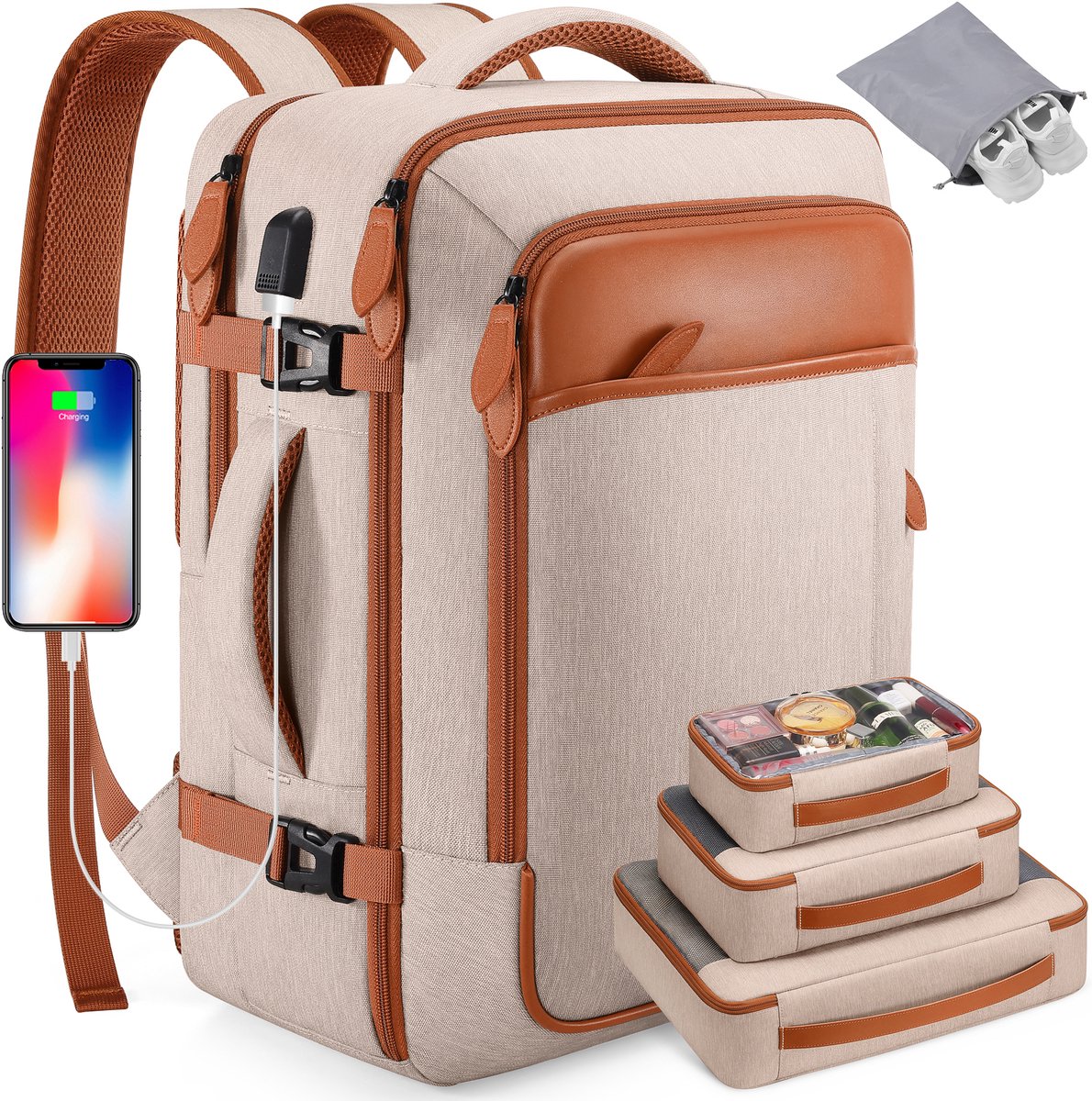 FloraGrace Reistassen - Rugzak Met Grote Capaciteit - Met Draagbare Ontwerp En USB Laadpoort Voor Reizen En School - Polyestervezel - Beige