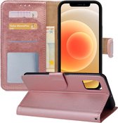 Hoesje Geschikt voor iPhone 12 Hoesje Book Case Hoes Wallet Cover - Hoes Geschikt voor iPhone 12 Hoesje Bookcase Hoes - Rosé goud