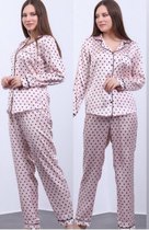 Satijn Dames Pyjama Set Oudroze/Zwart Stippen Maat M
