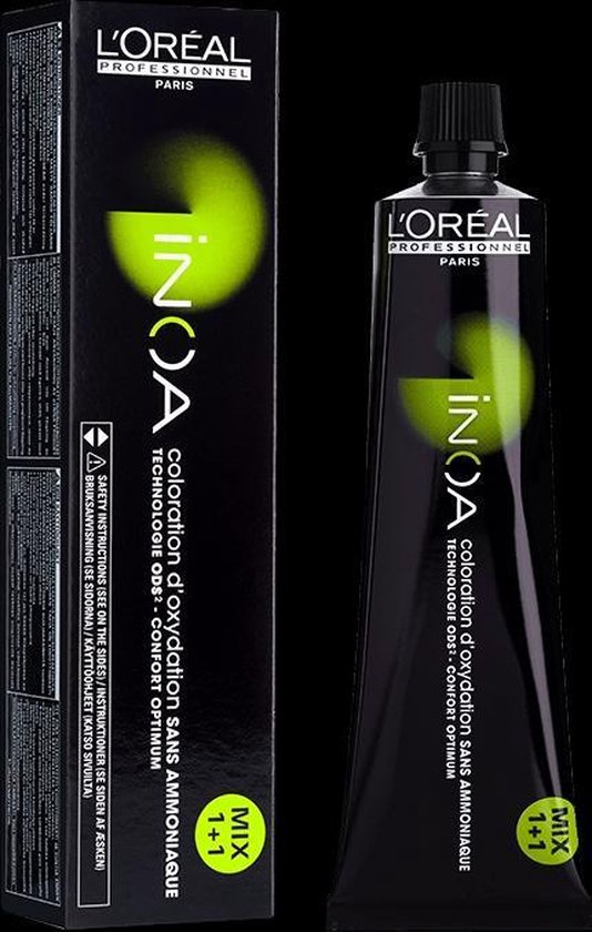 L'Oréal Professionnel INOA tube en doos, ammoniakvrije haarkleuring, met 'MIX 1+1' aanduiding.