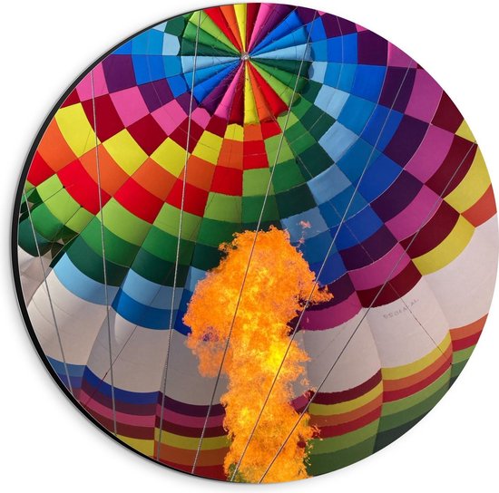 Dibond Wandcirkel - Binnenkant van Gekleurde Luchtballon - 20x20cm Foto op Aluminium Wandcirkel (met ophangsysteem)