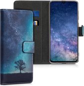 kwmobile telefoonhoesje voor Samsung Galaxy A70 - Hoesje met pasjeshouder in blauw / grijs / zwart - Sterrenstelsel en Boom design