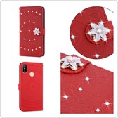 Voor Xiaomi Redmi 6 Pro Pressed Printing Sticking Drill Pattern Horizontal Flip PU Leather Case with Holder & Card Slots & Wallet & & Lanyard (Red)