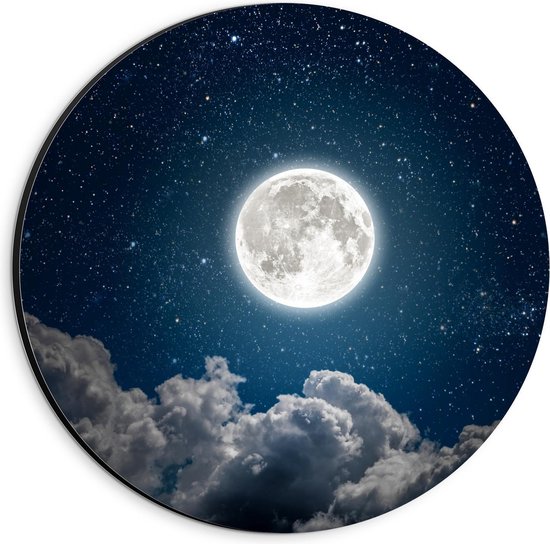 Dibond Wandcirkel - Felle Maan boven Wolken - 20x20cm Foto op Aluminium Wandcirkel (met ophangsysteem)
