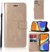 Voor Xiaomi Redmi 9C Windgong Uil Embossing Patroon Horizontale Flip Leren Case met Houder & Kaartsleuven & Portemonnee (Goud)