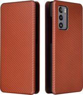 Voor LG Wing 5G Carbon Fiber Texture Magnetische Horizontale Flip TPU + PC + PU Leather Case met Card Slot (Brown)