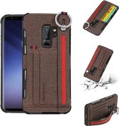 Voor Galaxy S9 + stoffen textuur + TPU schokbestendige beschermhoes met metalen ring en houder & kaartsleuven en ophangriem (koffie)