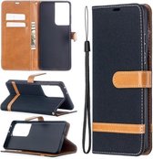 Voor Samsung Galaxy S21 Ultra 5G Kleuraanpassing Denim Textuur Horizontale Flip Leren Case met Houder & Kaartsleuven & Portemonnee & Lanyard (Zwart)