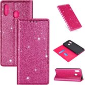 Voor Samsung Galaxy A20 / A30 ultradunne glitter magnetische horizontale flip lederen tas met houder en kaartsleuven (rose rood)