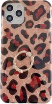Glanzend luipaardpatroon schokbestendig TPU-hoesje met diamanten ringhouder voor iPhone 11 Pro (bruin)