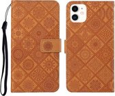 Etnische stijl reliëf patroon horizontale flip lederen tas met houder & kaartsleuven & portemonnee & lanyard voor iPhone 11 (bruin)