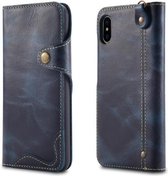 Voor iPhone X / XS Denior Oil Wax Koeienhuid Magnetische Knop Horizontale Flip Leren Case met Kaartsleuven & Portemonnee (Donkerblauw)