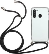 Voor Samsung Galaxy A21 (EU-versie) Vierhoekige anti-val transparante TPU beschermhoes met draagkoord (zwart)