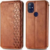 Voor OnePlus N10 Cubic Grid Pressed Horizontal Flip Magnetic PU Leather Case met houder & kaartsleuven & portemonnee (bruin)