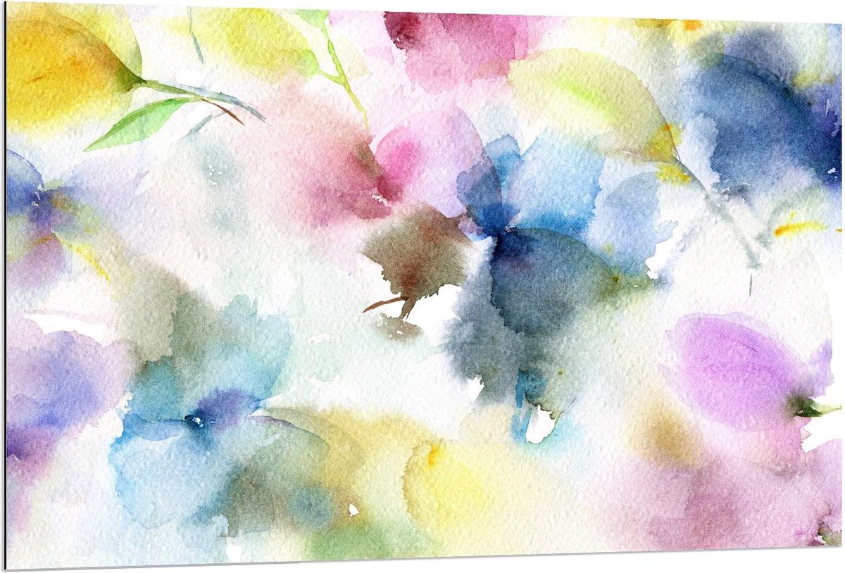Dibond - Schilderij met Bloemen van Waterverf - 120x80cm Foto op Aluminium (Wanddecoratie van metaal)