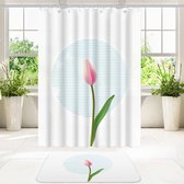 Su.B.dgn Designer Douchegordijnen Set 180x200 met Badkamer Vloer Mat  50x80 Polyester  Waterproof Mat | Wit en Roze Tulp