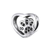Hart hondenpoot bedel zwarte zirkonia | pawn bead | Zilverana | geschikt voor alle bekende bedel armbanden | 925 zilver | moederdag