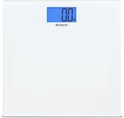 Balance personnelle numérique blanche avec écran bleu affichant '0.0 kg'.