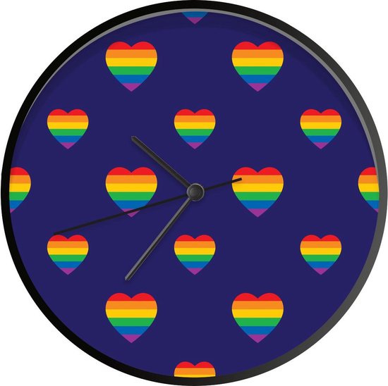 Klok Regenbogen illustratie Ø 30 cm - Een illustratie van hartjes in regenboogkleuren op een paarse achtergrond - Modern - Zwarte wandklok met foto